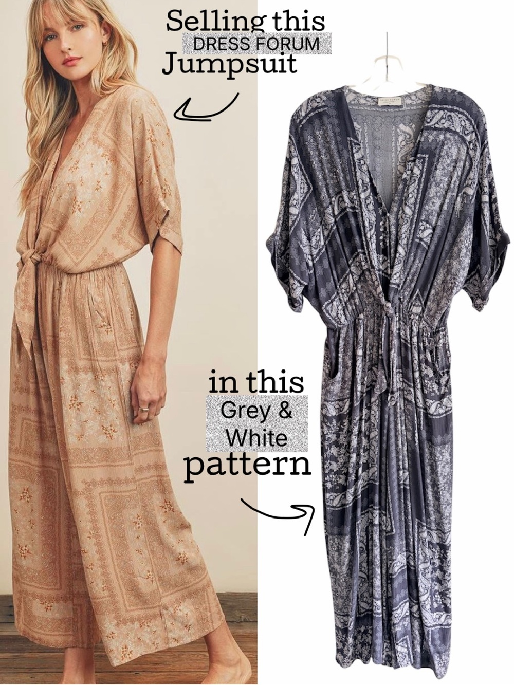 DRESS FORUM Short Sleeve Grey and White Patterned V-Neck Jumpsuit Size Medium